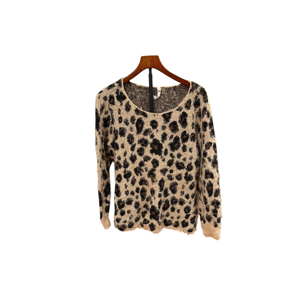 Roar! Spicy NY Collection Leopard Print Fuzzy Eyelash Knit Sweater Tan Brown XL
